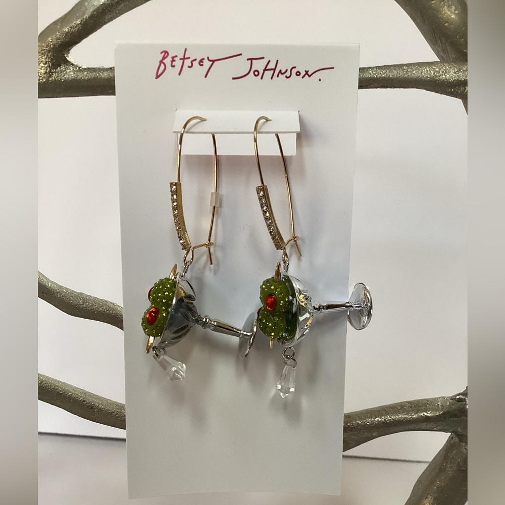 Betsey Johnson Martini Earrings with Green and Red Accents. NWT